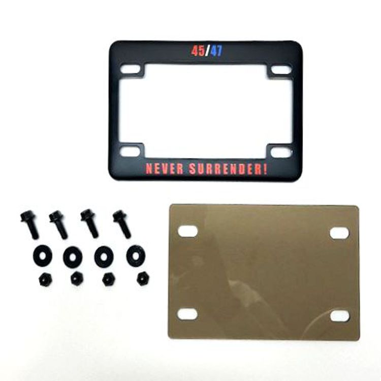 45/47 Red Letter ‘Never Surrender’ on Satin Black License Frame with 'Hog-Lenz'