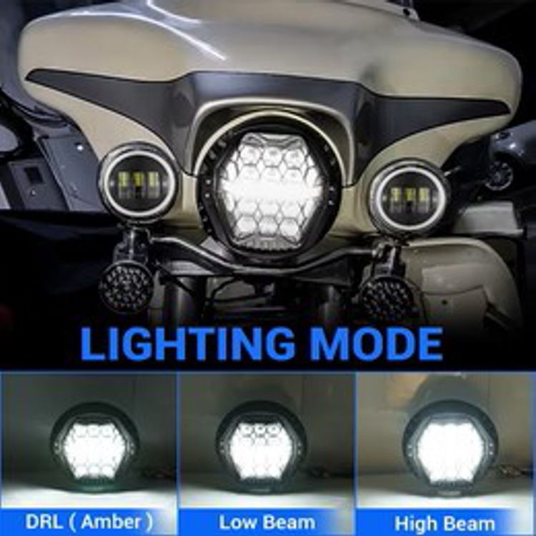 7 in. LED Black Powerful Harley Motorcycle Honeycomb Headlight with DRL - Amber