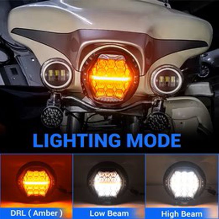 7 in. LED Black Powerful Harley Motorcycle Honeycomb Headlight with DRL - Amber