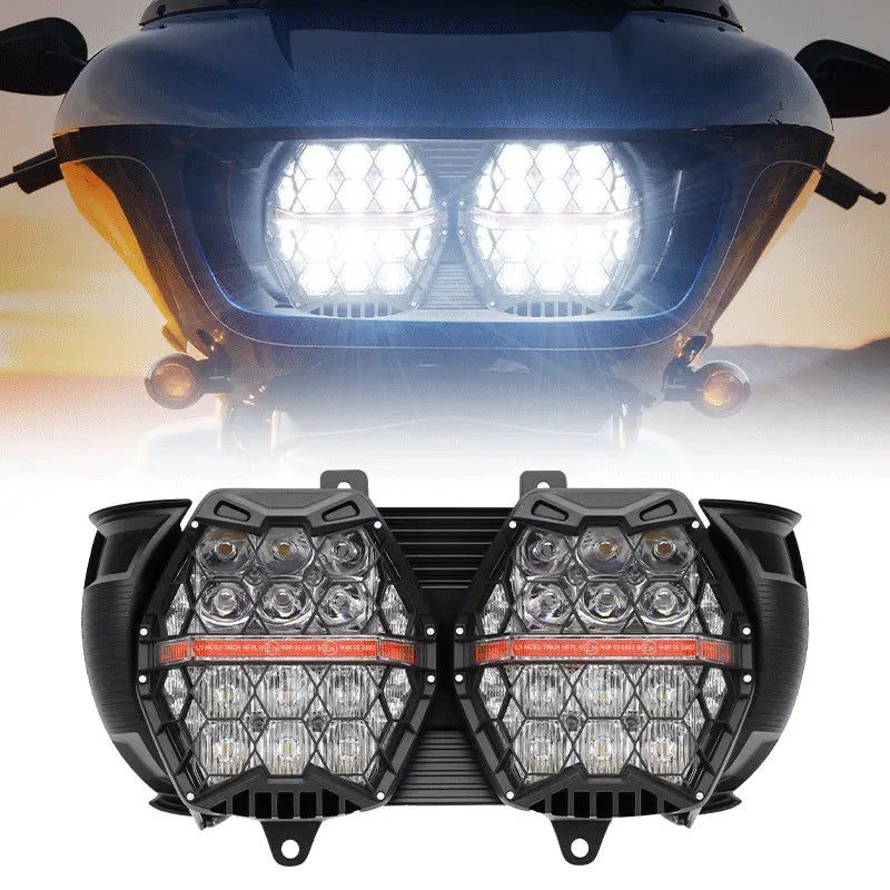 Amber DRL Honeycomb LEF Duel Headlights for 2015 - 2024 Road Glide