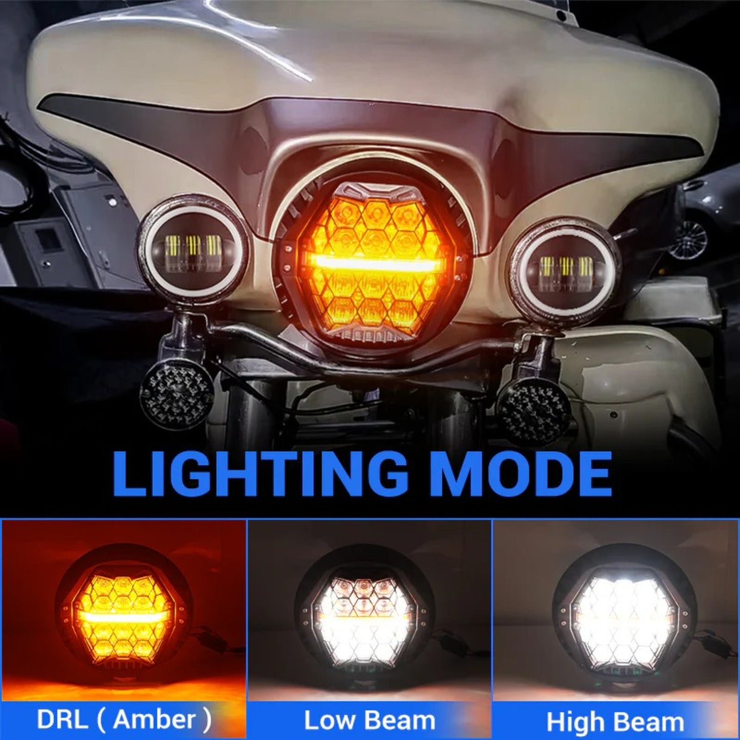 7 in. LED Black Powerful Harley Motorcycle Honeycomb Headlight with DRL - Amber