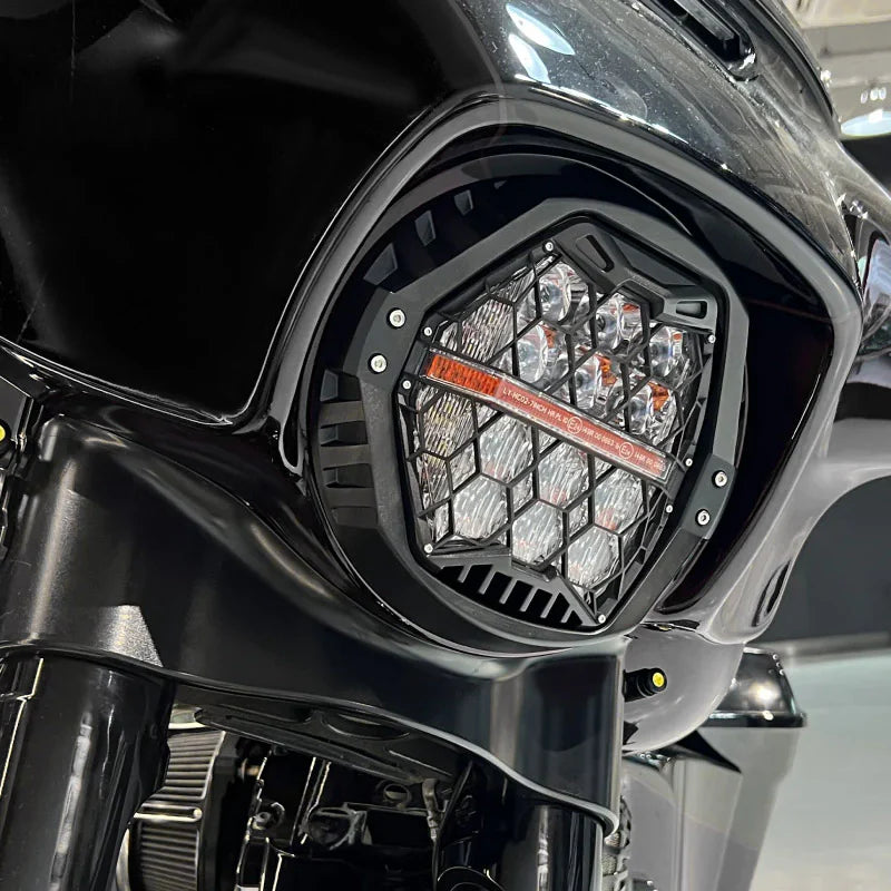7 in. LED Black Powerful Harley Motorcycle Honeycomb Headlight with DRL - Amber
